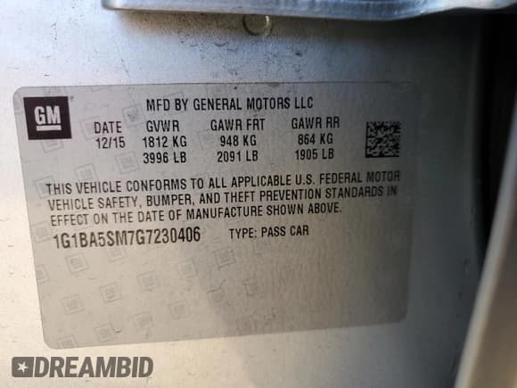 ✅ 2016 Chevrolet Cruze L • VIN: 1G1BA5SM7G7230406 • Lot: 70178125. Listed on Copart with 156,268 mi. Free auction sales archive from the USA and detailed vehicle history report at DreamBid. Image 12.