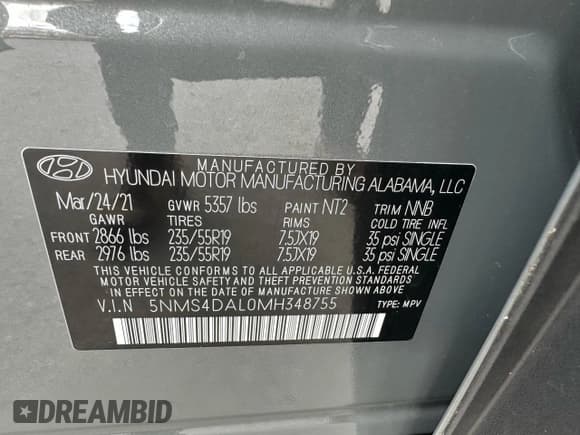 ✅ 2021 Hyundai Santa Fe Limited • VIN: 5NMS4DAL0MH348755 • Lot: 91994565. Wystawiony na Copart z przebiegiem 69 811 mil. Bezpłatny archiwum sprzedaży aukcyjnych z USA i szczegółowy raport historii pojazdu na DreamBid. Zdjęcie 10.