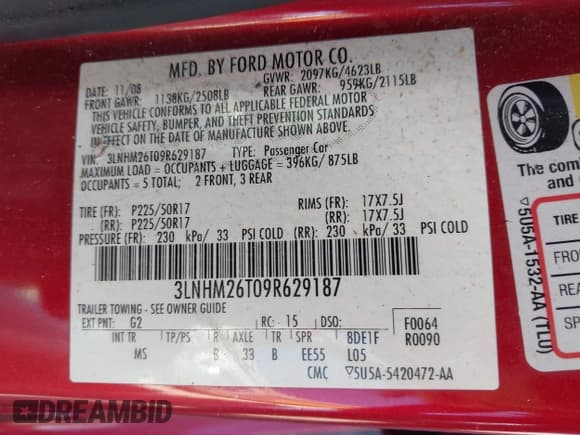 ✅ 2009 Lincoln MKZ • VIN: 3LNHM26T09R629187 • Lot: 43375377. Listed on IAAI with 133,765 mi. Free auction sales archive from the USA and detailed vehicle history report at DreamBid. Image 9.