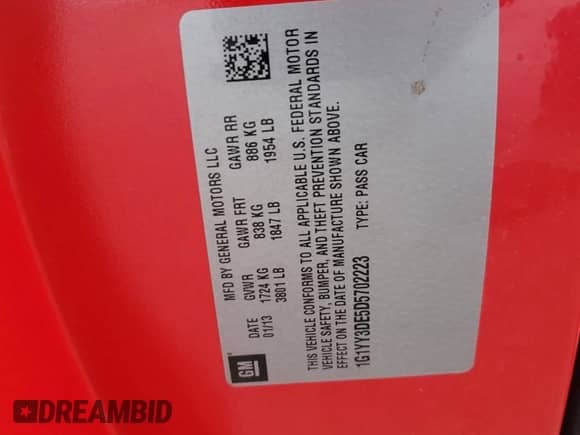 2013 Chevrolet Corvette 427 1SB with VIN 1G1YY3DE5D5702223, listed as a Copart auction lot 39260444 with 55,937 mi miles and Salvage title. Bid and sale history available at DreamBid. Image 14.