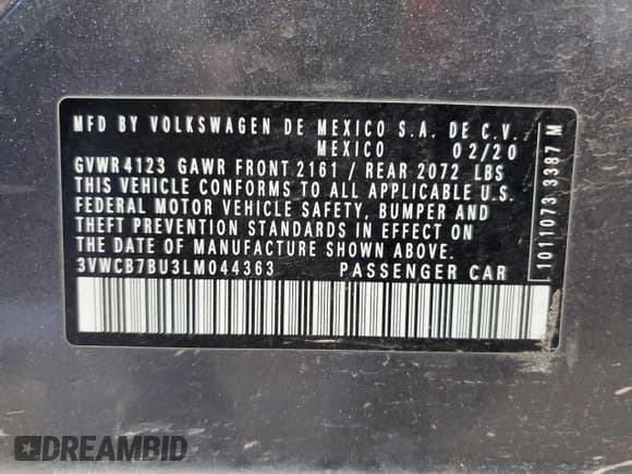 ✅ 2020 Volkswagen Jetta S • VIN: 3VWCB7BU3LM044363 • Lot: 86061095. Listed on Copart with Not provided. Free auction sales archive from the USA and detailed vehicle history report at DreamBid. Image 13.