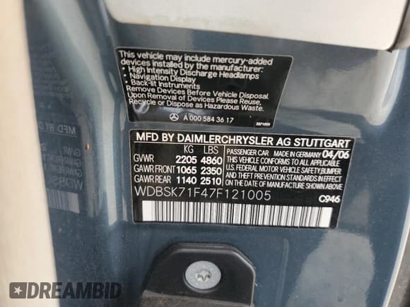 ✅ 2007 Mercedes-Benz SL 550 • VIN: WDBSK71F47F121005 • Lot: 85944315. Listed on Copart with 103,301 mi. Free auction sales archive from the USA and detailed vehicle history report at DreamBid. Image 12.