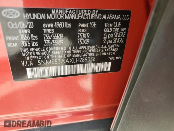 ✅ 2020 Hyundai Santa Fe Limited • VIN: 5NMS53AAXLH289038 • Lot: 45461484. Wystawiony na Copart z przebiegiem Nie podano. Bezpłatny archiwum sprzedaży aukcyjnych z USA i szczegółowy raport historii pojazdu na DreamBid. Zdjęcie 16.