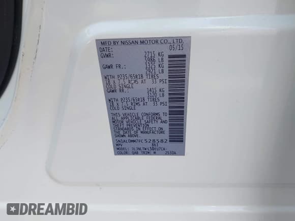 ✅ 2015 Infiniti QX60 • VIN: 5N1AL0MM7FC528582 • Lot: 42605161. Listed on IAAI with 175,017 mi. Free auction sales archive from the USA and detailed vehicle history report at DreamBid. Image 9.