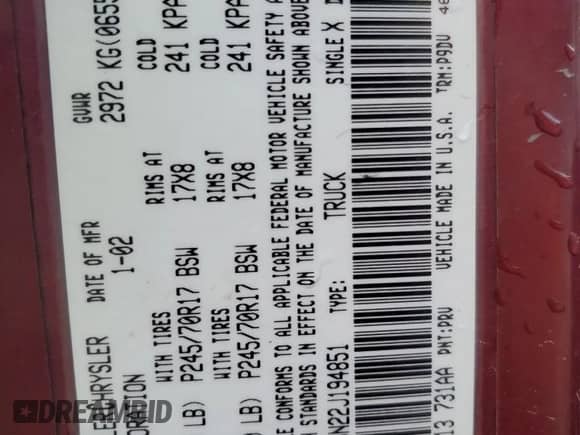 2002 Dodge 1500 z VIN 1D7HA16N22J194851, wystawiony jako Copart lot #83075774 z przebiegiem Nie podano mil oraz Czysty tytuł • Clean title. Historia ofert i sprzedaży dostępna na DreamBid. Obrazek 12.