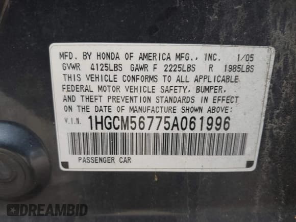 ✅ 2005 Honda Accord EX • VIN: 1HGCM56775A061996 • Lot: 43623671. Wystawiony na IAAI z przebiegiem 225 427 mil. Bezpłatny archiwum sprzedaży aukcyjnych z USA i szczegółowy raport historii pojazdu na DreamBid. Zdjęcie 9.