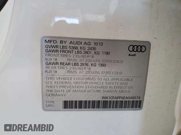 ✅ 2014 Audi Q5 Premium • VIN: WA1CFAFPXEA048574 • Lot: 82716885. Listed on Copart with 132,834 mi. Free auction sales archive from the USA and detailed vehicle history report at DreamBid. Image 13.