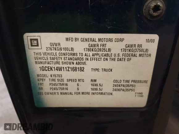 2001 Chevrolet Silverado 1500 с VIN 1GCEK14W11Z168182, выставлен на аукционе IAAI как лот 42547499 с пробегом 180 376 миль миль и . История ставок и продаж доступна на DreamBid. Изображение 9.