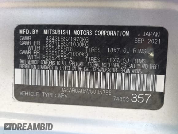 ✅ 2021 Mitsubishi Outlander ES • VIN: JA4ARUAU5MU035385 • Lot: 43494720. Listed on IAAI with 81,112 mi. Free auction sales archive from the USA and detailed vehicle history report at DreamBid. Image 9.