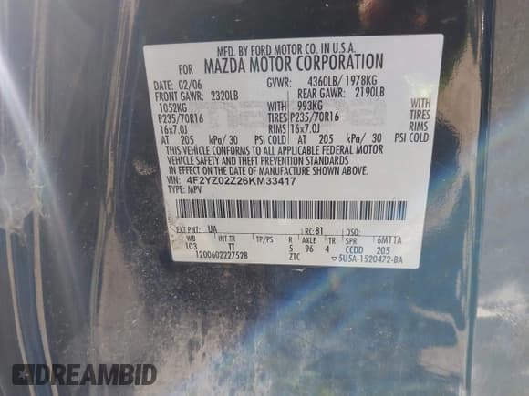 ✅ 2006 Mazda Tribute i • VIN: 4F2YZ02Z26KM33417 • Lot: 43576631. Wystawiony na IAAI z przebiegiem 154 241 mil. Bezpłatny archiwum sprzedaży aukcyjnych z USA i szczegółowy raport historii pojazdu na DreamBid. Zdjęcie 9.