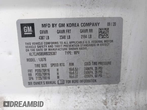 ✅ 2021 Chevrolet Trax LS • VIN: KL7CJNSB5MB326387 • Lot: 42402026. Listed on IAAI with 43,037 mi. Free auction sales archive from the USA and detailed vehicle history report at DreamBid. Image 9.