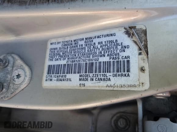 ✅ 1999 Toyota Corolla VE • VIN: 2T1BR12E7XC186102 • Лот: 82676375. Опубликован ранее на Copart с пробегом 262 257 миль. Бесплатный доступ к архиву аукционных продаж из США и подробный отчёт об истории автомобиля на DreamBid. Изображение 12.