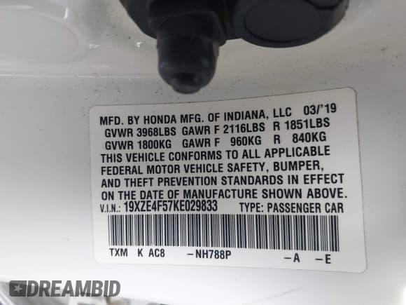 ✅ 2019 Honda Insight EX • VIN: 19XZE4F57KE029833 • Lot: 43605614. Listed on IAAI with 99,625 mi. Free auction sales archive from the USA and detailed vehicle history report at DreamBid. Image 9.