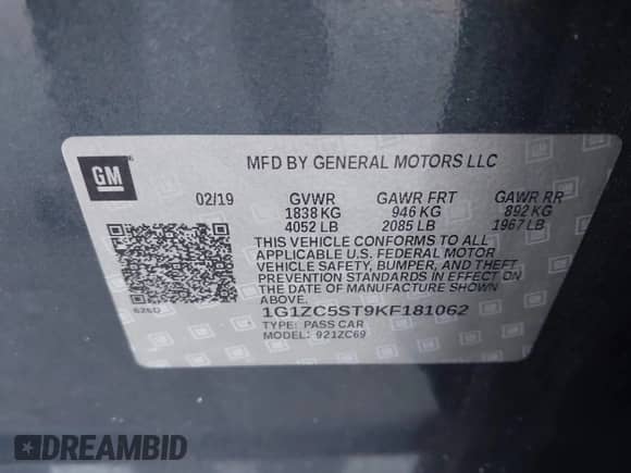 2019 Chevrolet Malibu LS with VIN 1G1ZC5ST9KF181062, listed as a IAAI auction lot 42701550 with 171,412 mi miles and . Bid and sale history available at DreamBid. Image 9.