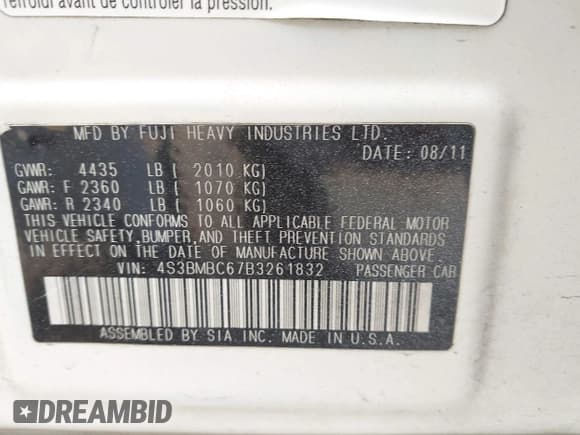 ✅ 2011 Subaru Legacy Premium • VIN: 4S3BMBC67B3261832 • Лот: 42979471. Опубликован ранее на IAAI с пробегом 179 842 миль. Бесплатный доступ к архиву аукционных продаж из США и подробный отчёт об истории автомобиля на DreamBid. Изображение 9.