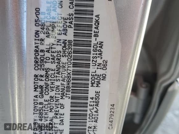 ✅ 2000 Lexus GS 400 • VIN: JT8BH68X7Y0026398 • Lot: 57450415. Listed on Copart with 146,640 mi. Free auction sales archive from the USA and detailed vehicle history report at DreamBid. Image 12.