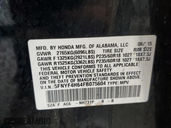 ✅ 2015 Honda Pilot EX-L • VIN: 5FNYF4H64FB075604 • Лот: 71525995. Опубликован ранее на Copart с пробегом Не указан. Бесплатный доступ к архиву аукционных продаж из США и подробный отчёт об истории автомобиля на DreamBid. Изображение 14.