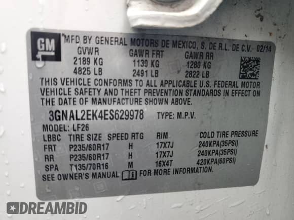 ✅ 2014 Chevrolet Captiva Sport LS • VIN: 3GNAL2EK4ES629978 • Лот: 43595685. Размещён на Copart с пробегом 122 276 миль миль. Получите бесплатный доступ к архиву аукционных продаж из США и посмотрите подробный отчёт об истории автомобиля на DreamBid. Изображение 13.