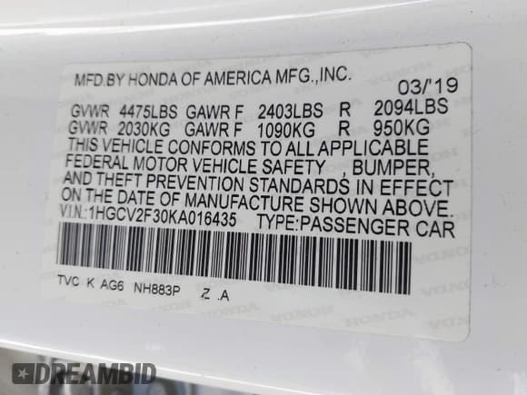 ✅ 2019 Honda Accord Sport • VIN: 1HGCV2F30KA016435 • Lot: 42071655. Listed on IAAI with 82,659 mi. Free auction sales archive from the USA and detailed vehicle history report at DreamBid. Image 9.