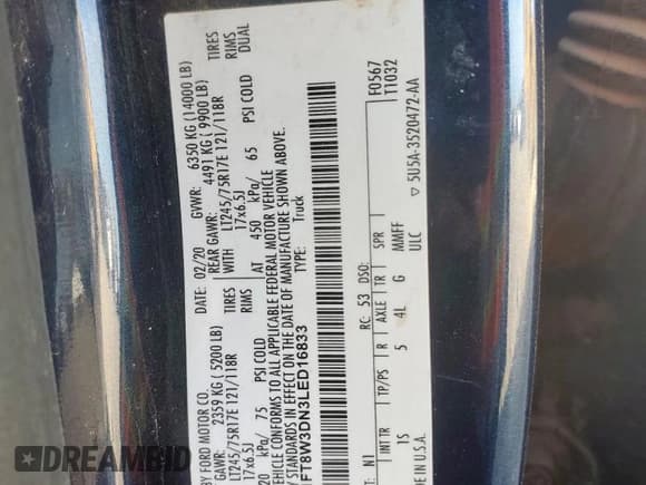 ✅ 2020 Ford F-350 • VIN: 1FT8W3DN3LED16833 • Lot: 92613075. Listed on Copart with 158,359 mi. Free auction sales archive from the USA and detailed vehicle history report at DreamBid. Image 12.