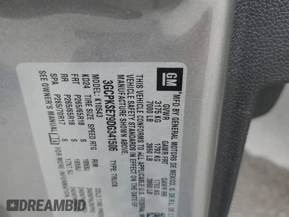 2013 Chevrolet Silverado 1500 LT z VIN 3GCPKSE79DG341506, wystawiony jako Copart lot #82595705 z przebiegiem 172 983 mil mil oraz Szkoda całkowita • Salvage title. Historia ofert i sprzedaży dostępna na DreamBid. Obrazek 12.