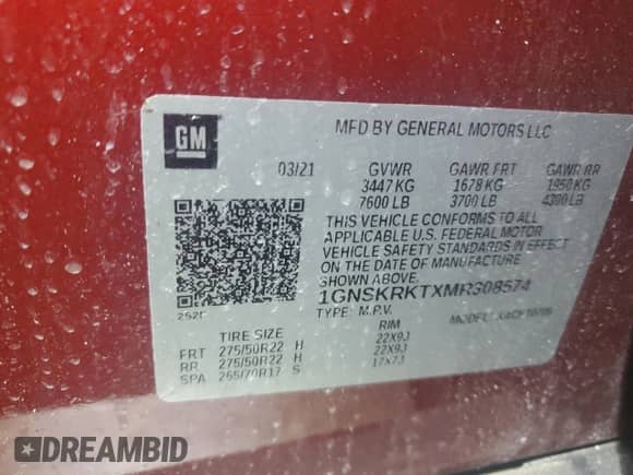 2021 Chevrolet Tahoe RST z VIN 1GNSKRKTXMR308574, wystawiony jako Copart lot #89366675 z przebiegiem Nie podano mil oraz Nie do naprawy • Non repairable. Historia ofert i sprzedaży dostępna na DreamBid. Obrazek 15.