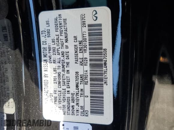 ✅ 2021 Infiniti Q60 Luxe • VIN: JN1EV7KL4MM470508 • Lot: 70358585. Listed on Copart with 34,748 mi. Free auction sales archive from the USA and detailed vehicle history report at DreamBid. Image 13.