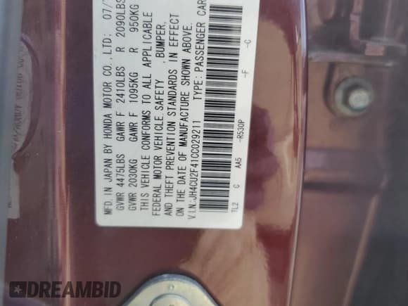 ✅ 2012 Acura TSX • VIN: JH4CU2F41CC029211 • Lot: 68611304. Listed on Copart with 115,468 mi. Free auction sales archive from the USA and detailed vehicle history report at DreamBid. Image 14.