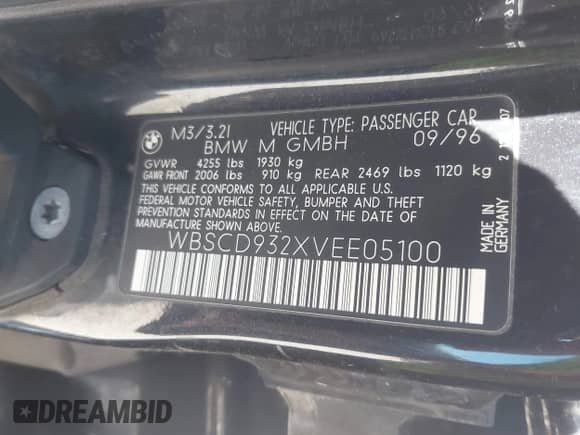 1997 BMW 3 Series M3s with VIN WBSCD932XVEE05100, listed as a IAAI auction lot 42715104 with 216,125 mi miles and . Bid and sale history available at DreamBid. Image 9.