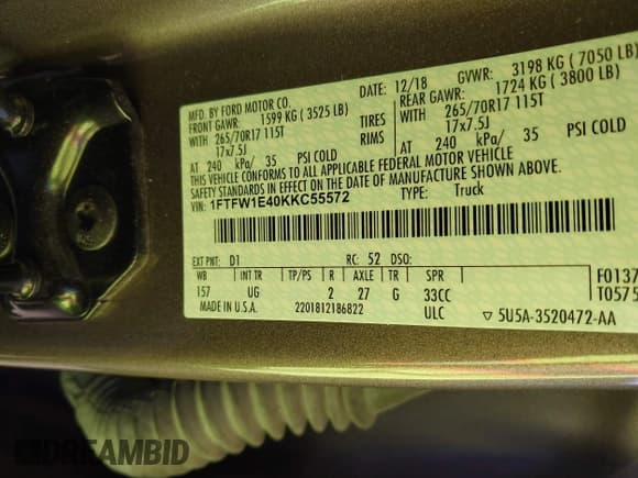 ✅ 2019 Ford F-150 XL • VIN: 1FTFW1E40KKC55572 • Lot: 42922495. Listed on IAAI with 93,434 mi. Free auction sales archive from the USA and detailed vehicle history report at DreamBid. Image 9.