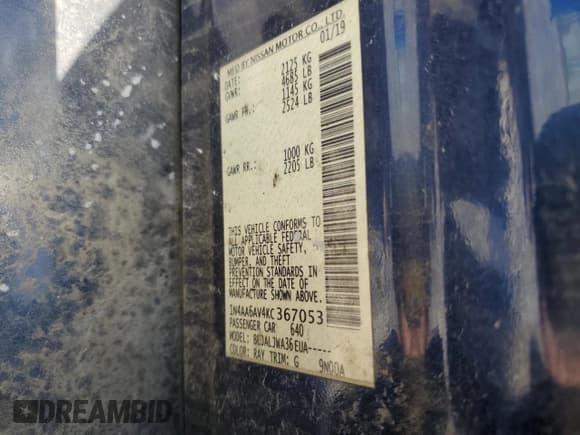 ✅ 2019 Nissan Maxima SV • VIN: 1N4AA6AV4KC367053 • Lot: 55093805. Listed on Copart with 101,991 mi. Free auction sales archive from the USA and detailed vehicle history report at DreamBid. Image 12.