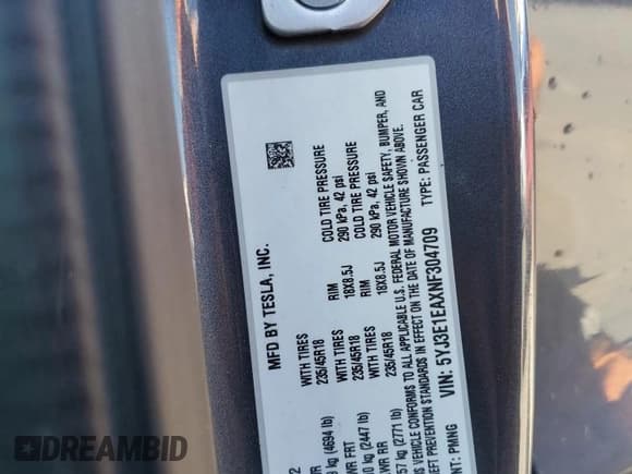 ✅ 2022 Tesla Model 3 • VIN: 5YJ3E1EAXNF304709 • Lot: 60374515. Wystawiony na Copart z przebiegiem 183 308 mil. Bezpłatny archiwum sprzedaży aukcyjnych z USA i szczegółowy raport historii pojazdu na DreamBid. Zdjęcie 13.