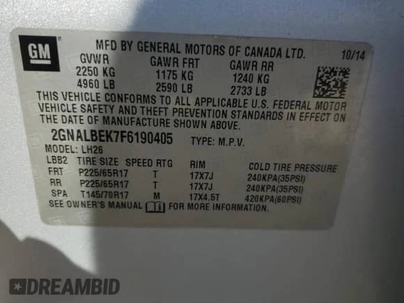 2015 Chevrolet Equinox LT с VIN 2GNALBEK7F6190405, выставлен на аукционе Copart как лот 80071515 с пробегом 189 986 миль миль и Списание • Salvage title. История ставок и продаж доступна на DreamBid. Изображение 14.