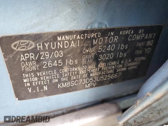 2003 Hyundai Santa Fe GLS с VIN KM8SC73D53U525667, выставлен на аукционе Copart как лот 46217945 с пробегом 160 469 миль миль и Списание • Salvage title. История ставок и продаж доступна на DreamBid. Изображение 14.