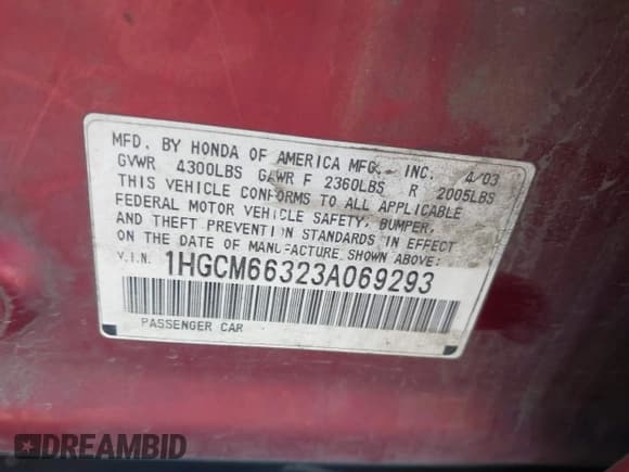 ✅ 2003 Honda Accord LX • VIN: 1HGCM66323A069293 • Lot: 43887603. Listed on IAAI with 241,965 mi. Free auction sales archive from the USA and detailed vehicle history report at DreamBid. Image 9.