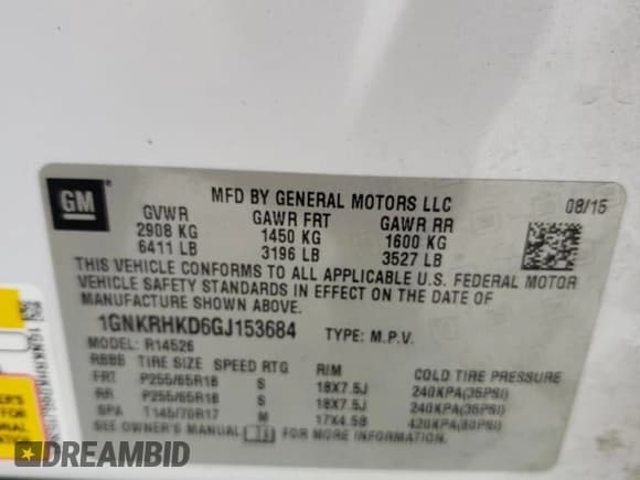 ✅ 2016 Chevrolet Traverse LT • VIN: 1GNKRHKD6GJ153684 • Lot: 63546694. Wystawiony na Copart z przebiegiem 106 278 mil. Bezpłatny archiwum sprzedaży aukcyjnych z USA i szczegółowy raport historii pojazdu na DreamBid. Zdjęcie 15.