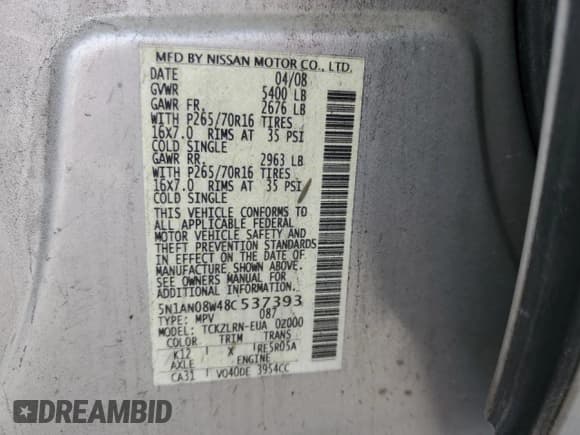 ✅ 2008 Nissan Xterra X • VIN: 5N1AN08W48C537393 • Лот: 64032105. Опубликован ранее на Copart с пробегом 141 392 миль. Бесплатный доступ к архиву аукционных продаж из США и подробный отчёт об истории автомобиля на DreamBid. Изображение 13.