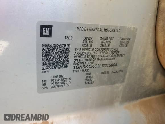 2020 Chevrolet Tahoe Premier with VIN 1GNSKCKC3LR215908, listed as a Copart auction lot 71626844 with 112,870 mi miles and Salvage title. Bid and sale history available at DreamBid. Image 16.