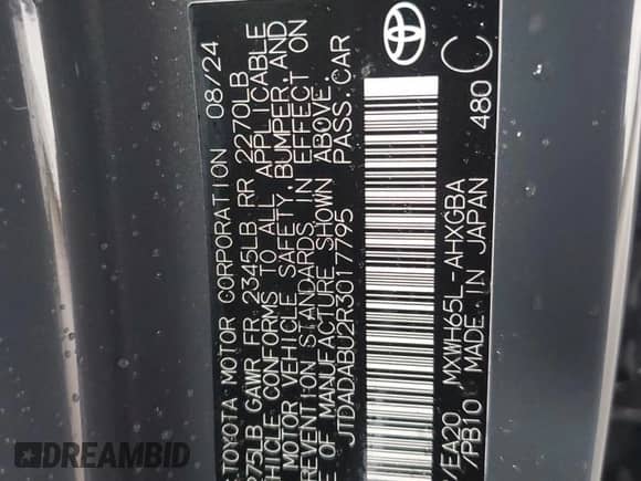 2024 Toyota Prius XLE with VIN JTDADABU2R3017795, listed as a Copart auction lot 85060145 with 5,263 mi miles and Salvage title. Bid and sale history available at DreamBid. Image 12.