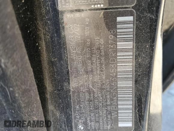 ✅ 2003 BMW 7 Series 745Li • VIN: WBAGN63453DR13798 • Lot: 73981844. Listed on Copart with 156,080 mi. Free auction sales archive from the USA and detailed vehicle history report at DreamBid. Image 12.