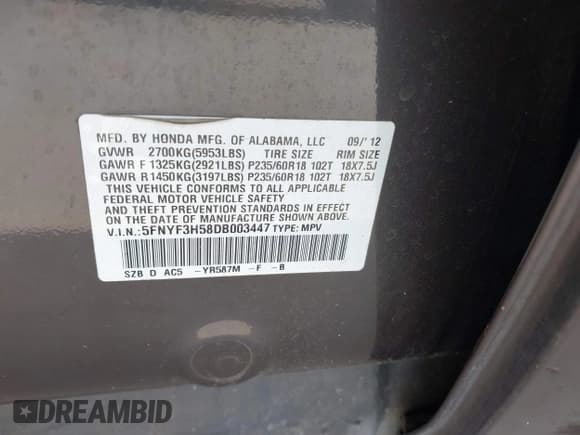 ✅ 2013 Honda Pilot EX-L • VIN: 5FNYF3H58DB003447 • Lot: 43400385. Listed on IAAI with 211,438 mi. Free auction sales archive from the USA and detailed vehicle history report at DreamBid. Image 9.