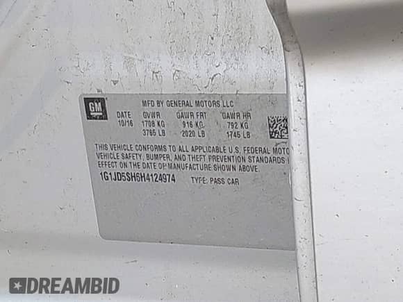 2017 Chevrolet Sonic LT with VIN 1G1JD5SH6H4124974, listed as a IAAI auction lot 43513414 with 143,462 mi miles and . Bid and sale history available at DreamBid. Image 9.