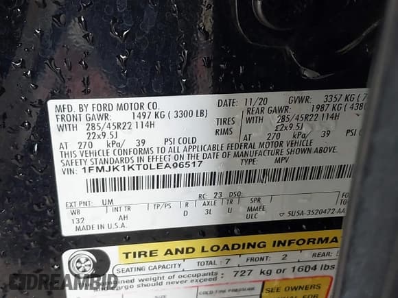 ✅ 2020 Ford Expedition Max Limited • VIN: 1FMJK1KT0LEA96517 • Lot: 42401180. Listed on IAAI with 92,338 mi. Free auction sales archive from the USA and detailed vehicle history report at DreamBid. Image 9.