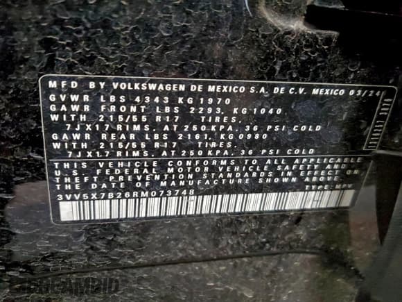 ✅ 2024 Volkswagen Taos S • VIN: 3VV5X7B26RM073748 • Лот: 95195395. Опубликован ранее на Copart с пробегом 35 770 миль. Бесплатный доступ к архиву аукционных продаж из США и подробный отчёт об истории автомобиля на DreamBid. Изображение 13.