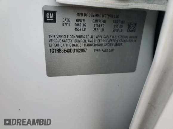 ✅ 2013 Chevrolet Volt • VIN: 1G1RB6E43DU102867 • Lot: 80485424. Wystawiony na Copart z przebiegiem Nie podano. Bezpłatny archiwum sprzedaży aukcyjnych z USA i szczegółowy raport historii pojazdu na DreamBid. Zdjęcie 12.