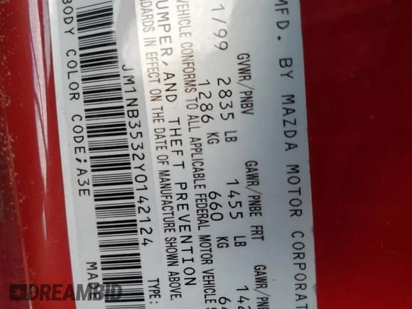 ✅ 2000 Mazda MX-5 Miata • VIN: JM1NB3532Y0142124 • Lot: 66543565. Wystawiony na Copart z przebiegiem 76 868 mil. Bezpłatny archiwum sprzedaży aukcyjnych z USA i szczegółowy raport historii pojazdu na DreamBid. Zdjęcie 12.