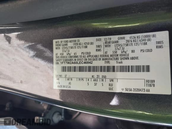 ✅ 2020 Ford F-250 XL • VIN: 1FT7W2A60LEC46842 • Lot: 43625646. Listed on IAAI with 193,347 mi. Free auction sales archive from the USA and detailed vehicle history report at DreamBid. Image 9.