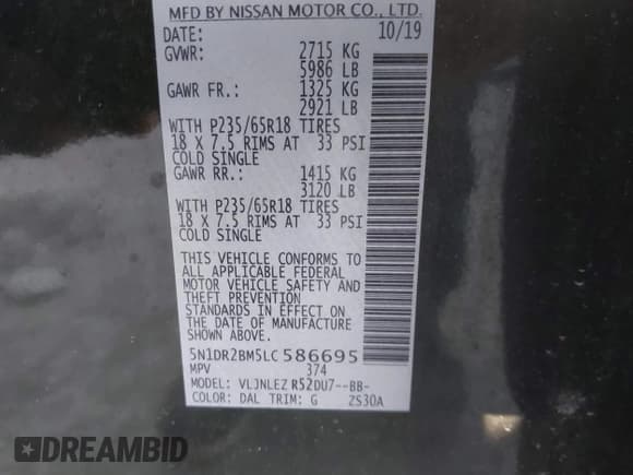 ✅ 2020 Nissan Pathfinder SV • VIN: 5N1DR2BM5LC586695 • Lot: 43737219. Listed on IAAI with 145,235 mi. Free auction sales archive from the USA and detailed vehicle history report at DreamBid. Image 9.