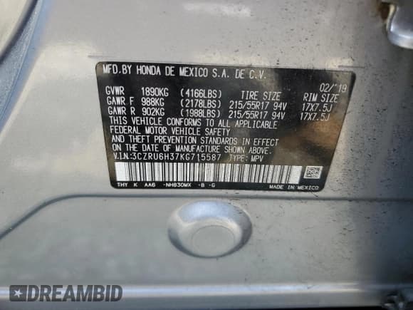 ✅ 2019 Honda HR-V LX • VIN: 3CZRU6H37KG715587 • Лот: 62605045. Опубликован ранее на Copart с пробегом 166 753 миль. Бесплатный доступ к архиву аукционных продаж из США и подробный отчёт об истории автомобиля на DreamBid. Изображение 14.