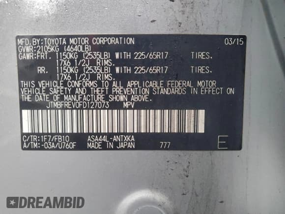 ✅ 2015 Toyota RAV4 LE • VIN: JTMBFREV0FD127073 • Lot: 95066585. Listed on Copart with 225,423 mi. Free auction sales archive from the USA and detailed vehicle history report at DreamBid. Image 13.